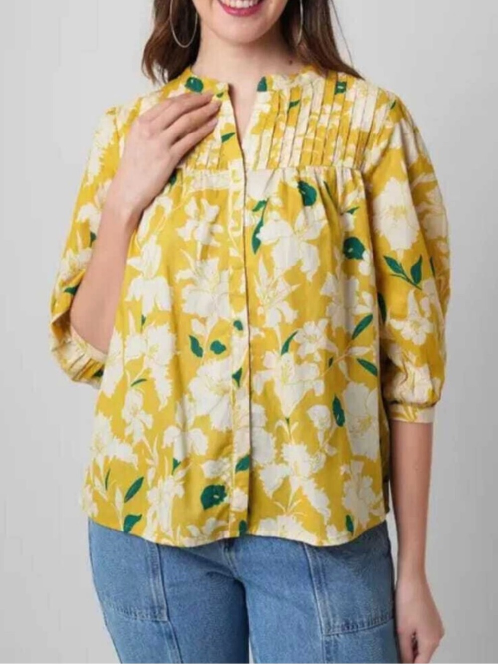 All About You yellow floral Peasant Top Bohemian Blouse 100% cotton Medium M - Picture 4 of 9